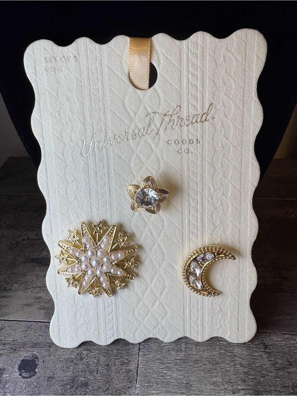Universal Thread Gold-Tone Celestial Pin Trio with Pearls and Crystals